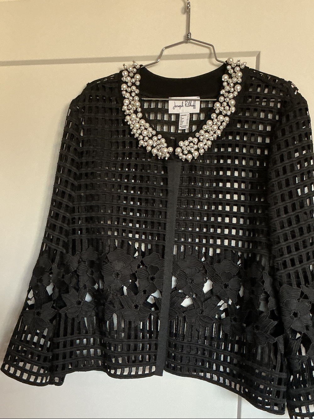 Joseph Ribkoff Black Openwork Grid Jacket with Pearl-Embellished Neckline